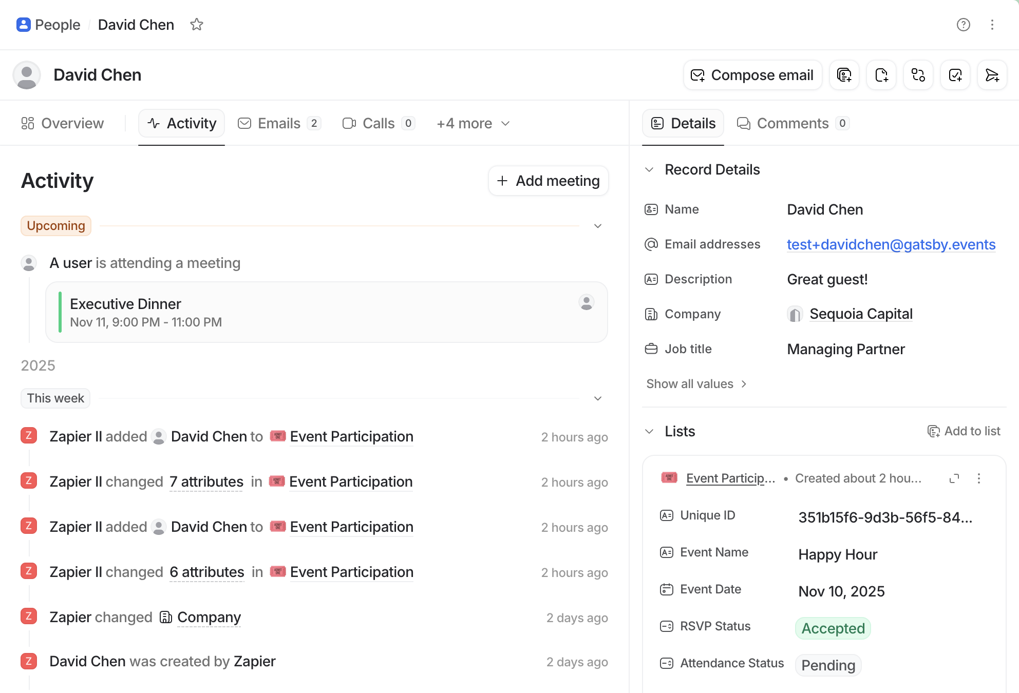 Attio Person record showing event invitation email and calendar invite in the activity timeline