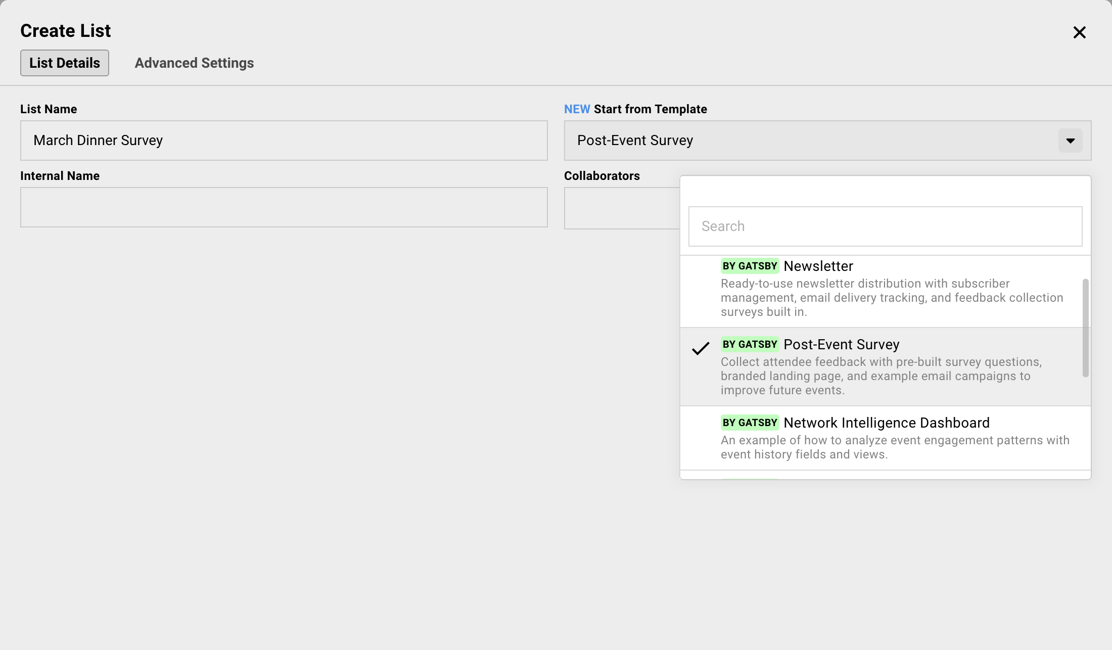 Select the post-event survey template when creating a new contact list in Gatsby.